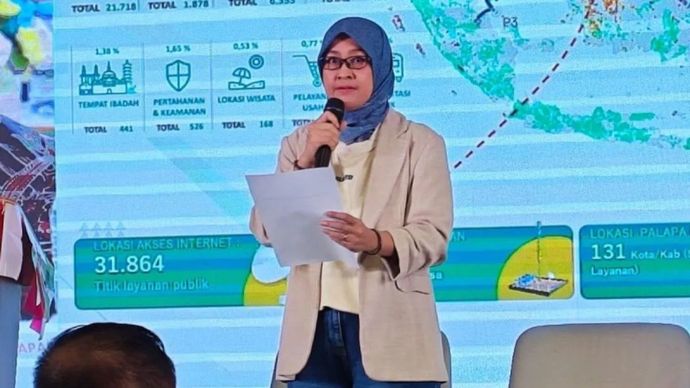 Direktur Utama Badan Aksesibilitas Telekomunikasi dan Informasi (BAKTI) Kementerian Komunikasi dan Digital Fadhilah Mathar menyampaikan sambutan dalam acara BAKTI Media Connect 2026 di Jakarta, Rabu, 12 Agustus 2026.