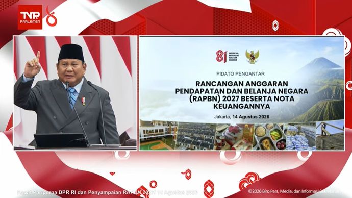 Presiden Prabowo Subianto menyampaikan pidato Nota Keuangan dan RAPBN 2027 di Gedung DPR, Jakarta, Jumat, 14 Agustus 2026. 