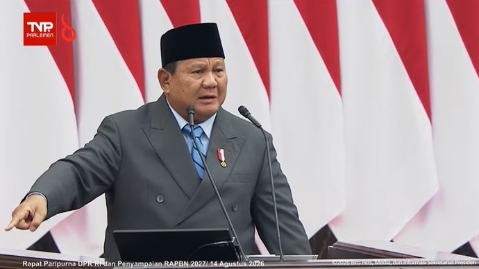 Presiden Prabowo Subianto menyampaikan pidato Nota Keuangan dan RAPBN 2027 di Gedung DPR/MPR, Jakarta, Jumat, 14 Agustus 2026. 