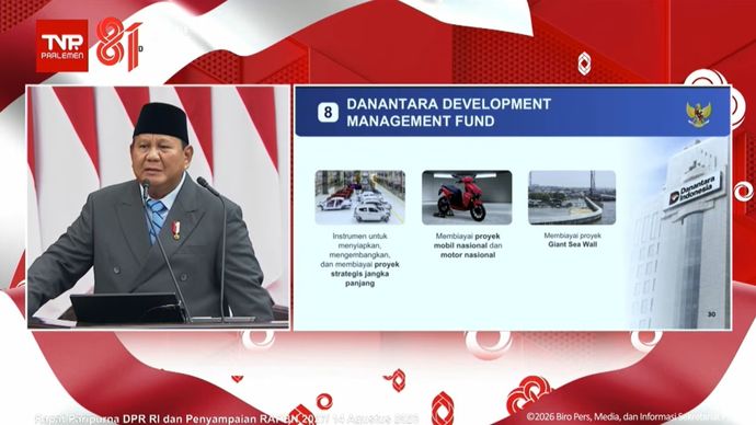 Presiden Prabowo Subianto menyampaikan pidato Nota Keuangan dan RAPBN 2027 di Gedung DPR/MPR, Jakarta, Jumat, 14 Agustus 2026, terkait Danantara Development Management Fund. 