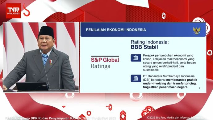 Presiden Prabowo Subianto menyampaikan pidato Nota Keuangan dan RAPBN 2027 di Gedung DPR/MPR, Jakarta, Jumat, 14 Agustus 2026, terkait penilaian dunia akan ekonomi Indonesia. 