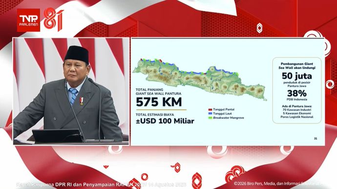 Pidato Presiden Prabowo Subianto soal Nota Keuangan dan RAPBN 2027 di Gedung DPR/MPR, Jakarta, Jumat, 14 Agustus 2026, terkait Mega-Proyek Giant Sea Wall Pantai Utara Jawa atau Pantura.  
