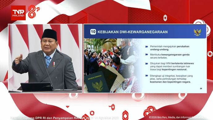 Presiden Prabowo Subianto menyampaikan pidato Nota Keuangan dan RAPBN 2027 di Gedung DPR/MPR, Jakarta, Jumat, 14 Agustus 2026, terkait kebijakan kewarganegaraan ganda. 