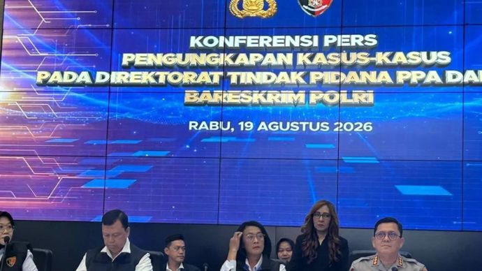Direktorat Tindak Pidana Perempuan dan Anak serta Pidana Perdagangan Orang (PPA PPO) menggelar konferensi pers ungkap kasus TPKS dan TPPO di Bareskrim Polri, Jakarta, Rabu (19/8/2026).