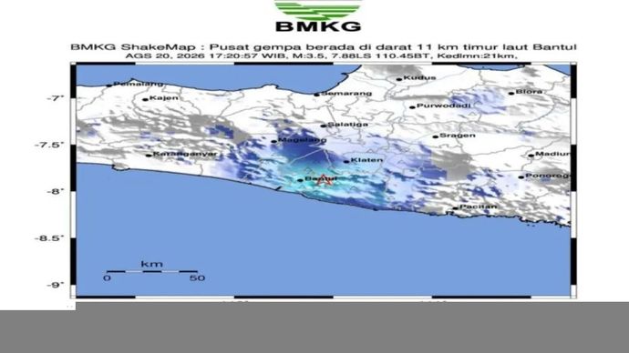 Gempa bumi tektonik dengan magnitudo 3,5 mengguncang wilayah Kabupaten Bantul, Daerah Istimewa Yogyakarta, pada Kamis, 20 Agustus 2026 pukul 17.20 WIB