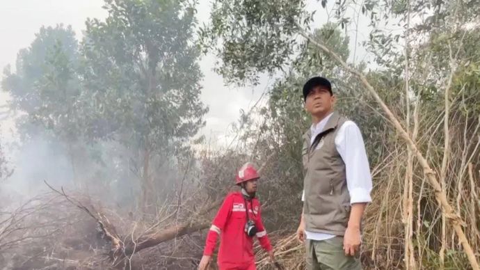 Menteri Kehutanan Raja Juli Antoni mengecek lahan terbakar di sekitar kawasan Bandara Internasional Syamsudin Noor Banjarbaru
