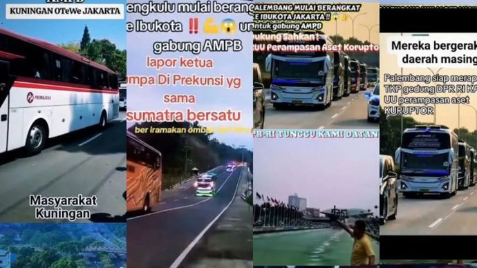 Tangkapan layar - Beberapa video hoaks yang bernarasikan sejumlah bus membawa rombongan massa dari daerah menuju Jakarta untuk melaksanakan aksi unjuk rasa pada Kamis (27/8).