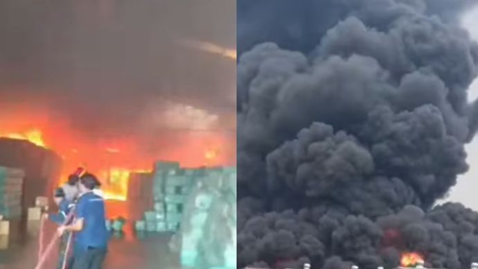Kebakaran melanda pabrik PT Batik Building Material di Kampung Gardu, Desa Majasari, Kecamatan Jawilan, Kabupaten Serang, Banten, Kamis, 27 Agustus 2026. 