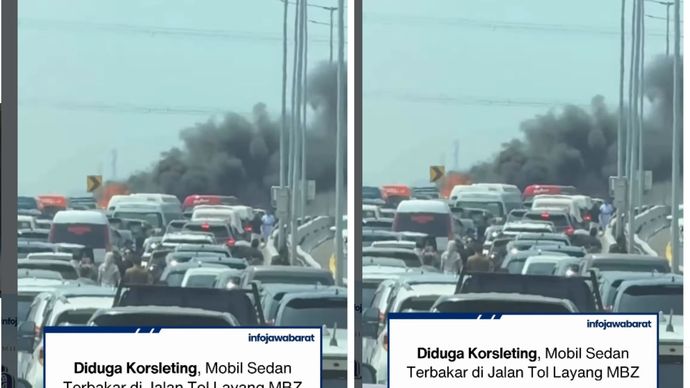 Sebuah sedan jenis Toyota Camry terbakar di Jalan Tol Layang Sheikh Mohammed Bin Zayed (MBZ) arah Cikampek pada Jumat siang, yang diduga dipicu oleh korsleting atau arus pendek listrik pada kendaraan.