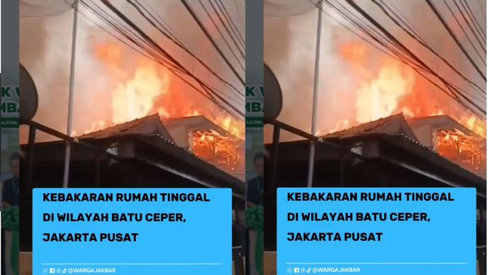 Kebakaran dilaporkan terjadi di sebuah rumah tinggal semi permanen di Jalan Batu Ceper 8, RT 005/RW 001, Kelurahan Kebon Kelapa, Kecamatan Gambir, Jakarta Pusat, Senin (31/08/2026).