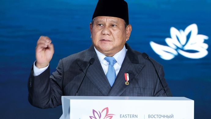 Presiden RI Prabowo Subianto menyampaikan pidato pada Forum Ekonomi Timur (EEF) ke-11 di Vladivostok, Rusia, Kamis (3/9/2026). Prabowo mendorong agar Perjanjian Perdagangan Bebas Indonesia&ndash;EAEU FTA segera diberlakukan.