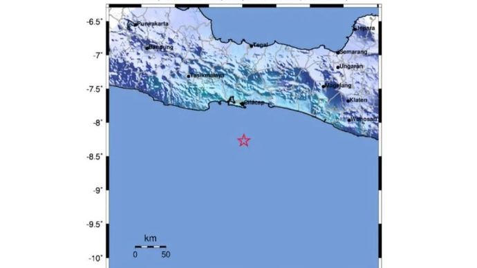 Peta lokasi gempa bermagnitudo 5,3 di selatan Cilacap, Jawa Tengah
