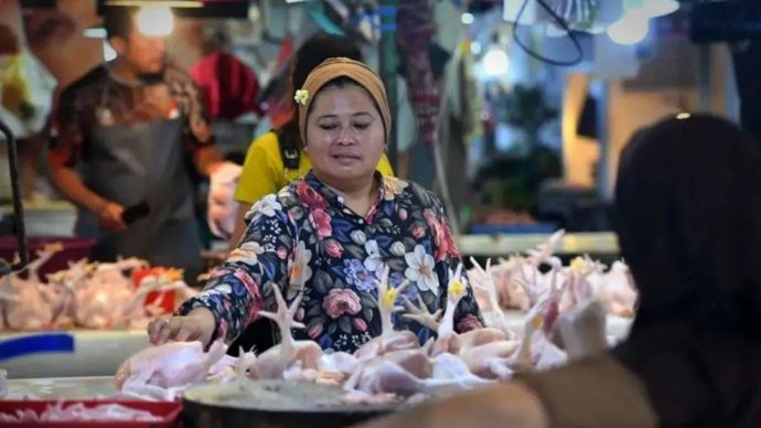 Ilustrasi - Calon pembeli memilih daging ayam yang dijual di Pasar Klandasan, Balikpapan, Kalimantan Timur yang harganya naik sehingga memicu inflasi.