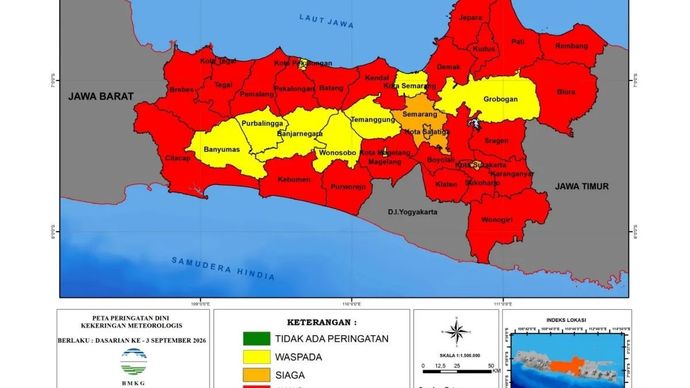 Peta peringatan dini kekeringan meteorologis di wilayah Provinsi Jawa Tengah pada Dasarian III atau periode 21-30 September 2026.