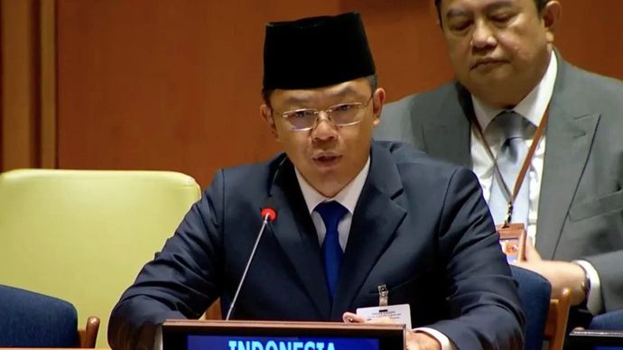 Tangkapan layar - Menteri Luar Negeri RI Sugiono saat berbicara dalam Pertemuan Tingkat Menteri Peacebuilding Commission (PBC) di sela-sela Sidang Majelis Umum PBB di New York
