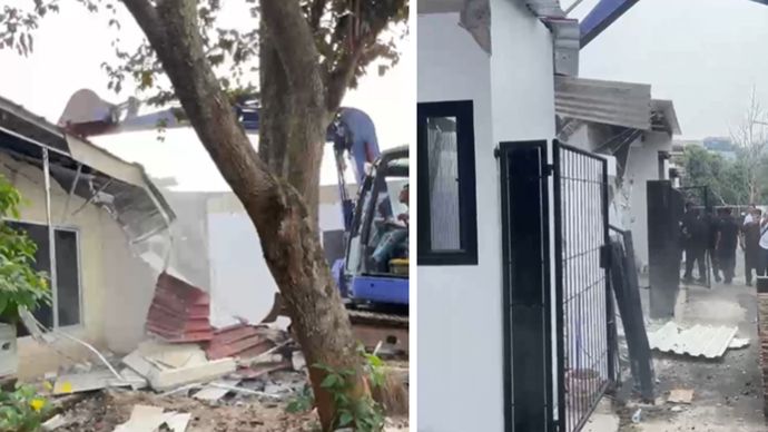 Bangunan yang diduga menjadi klaster mewah di Lapas Kelas IIA Cibinong, Kabupaten Bogor, Jawa Barat, rata dengan tanah setelah dibongkar, Rabu (30/9). 