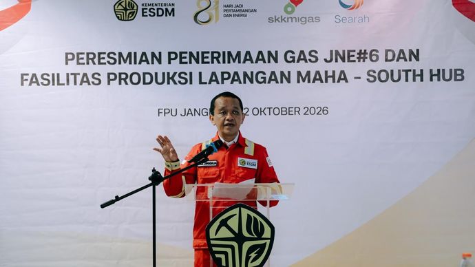 Menteri Koordinator Bidang Hilirisasi dan Transisi Energi (Menko Hiltrans) sekaligus Menteri Energi dan Sumber Daya Mineral (ESDM) Bahlil Lahadalia meresmikan penerimaan gas Jangkrik North East #6 (JNE#6) dan fasilitas produksi Lapangan Maha-South Hub, Kamis 22 Oktober 2026. 