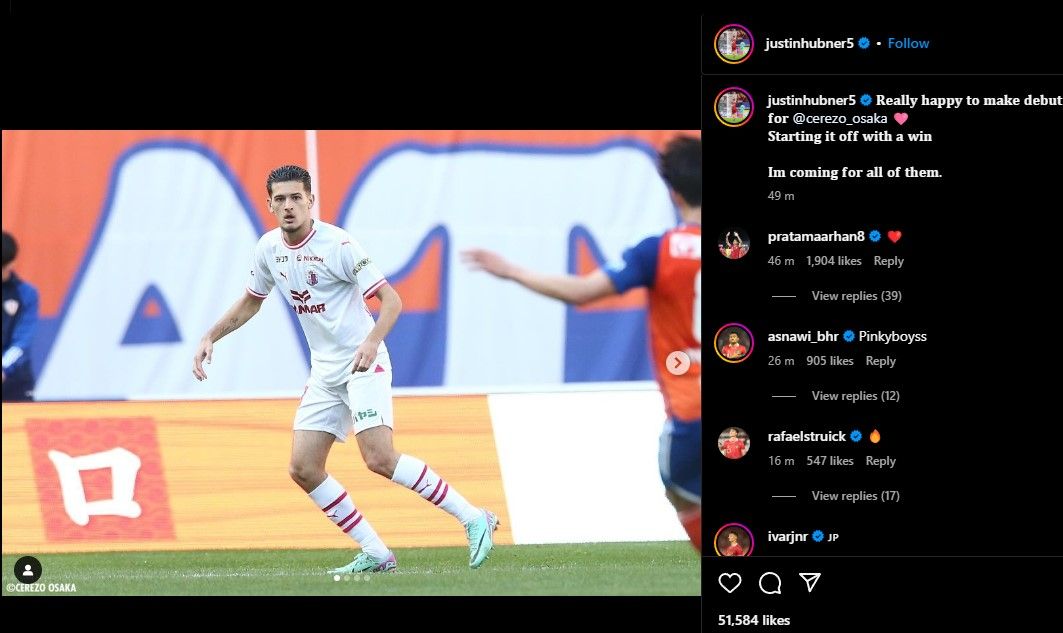 Justin Hubner membagikan momen debutnya bersama Cerezo Osaka.  <b>(Instagram)</b>