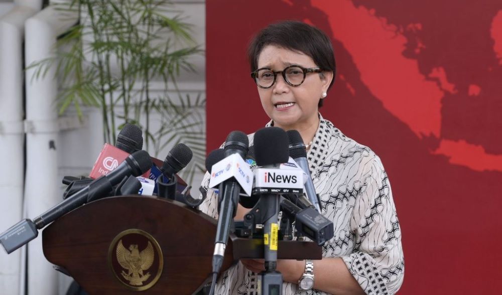 Menteri Luar Negeri Retno LP Marsudi memberikan keterangan pers, Selasa (16/04/2024), di Kompleks Is