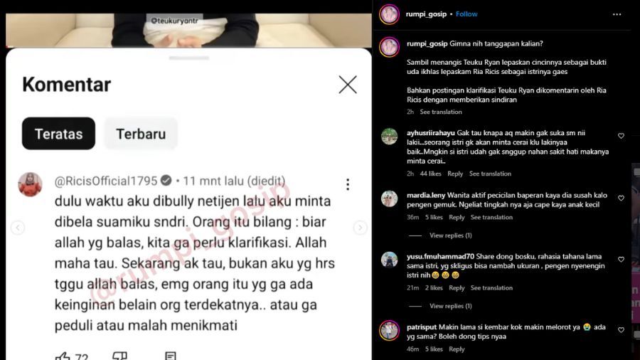 Tanggapan Ria Ricis soal klarifikasi Teuku Ryan  <b>(Instagram )</b>