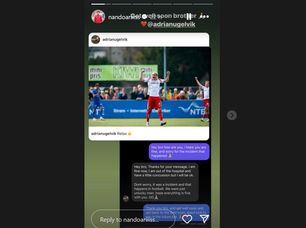 Ernando Ari minta maaf kepada Adrian Ugelvik <b>(Screenshot Instagram)</b>