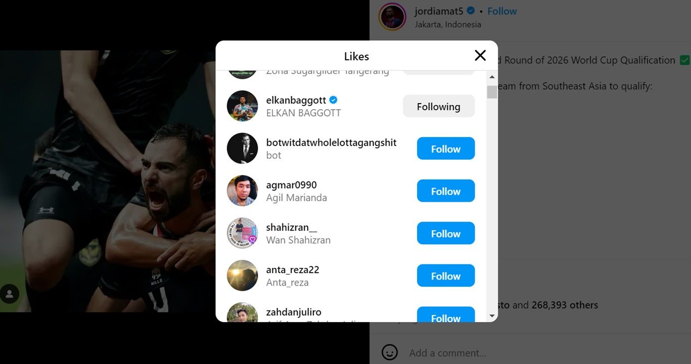 Elkan Baggot beri tanda like pada postingan Jordi Amat <b>(IG Jordi Amat)</b>