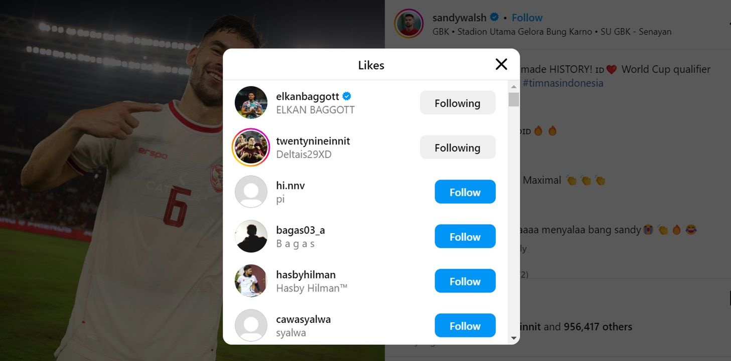 Elkan Baggott beri tanda like pada postingan Sandy Walsh <b>(IG Sandy Walsh)</b>