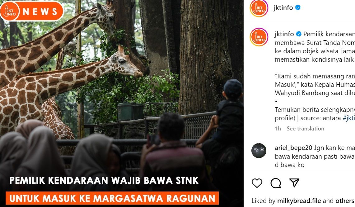 Masuk Ragunan wajib bawa STNK <b>(Instagram jktinfo)</b>