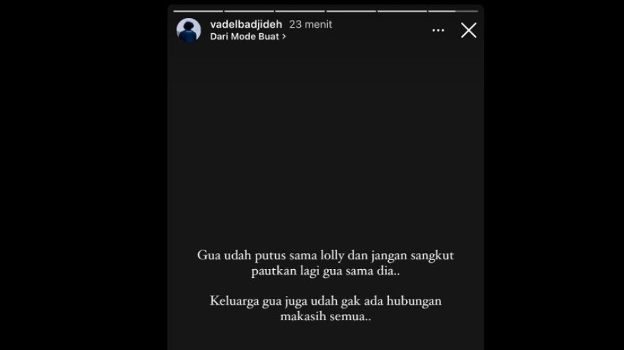 Stories Instagram Vadel Badjideh <b>(tangkapan layar Instagram)</b>