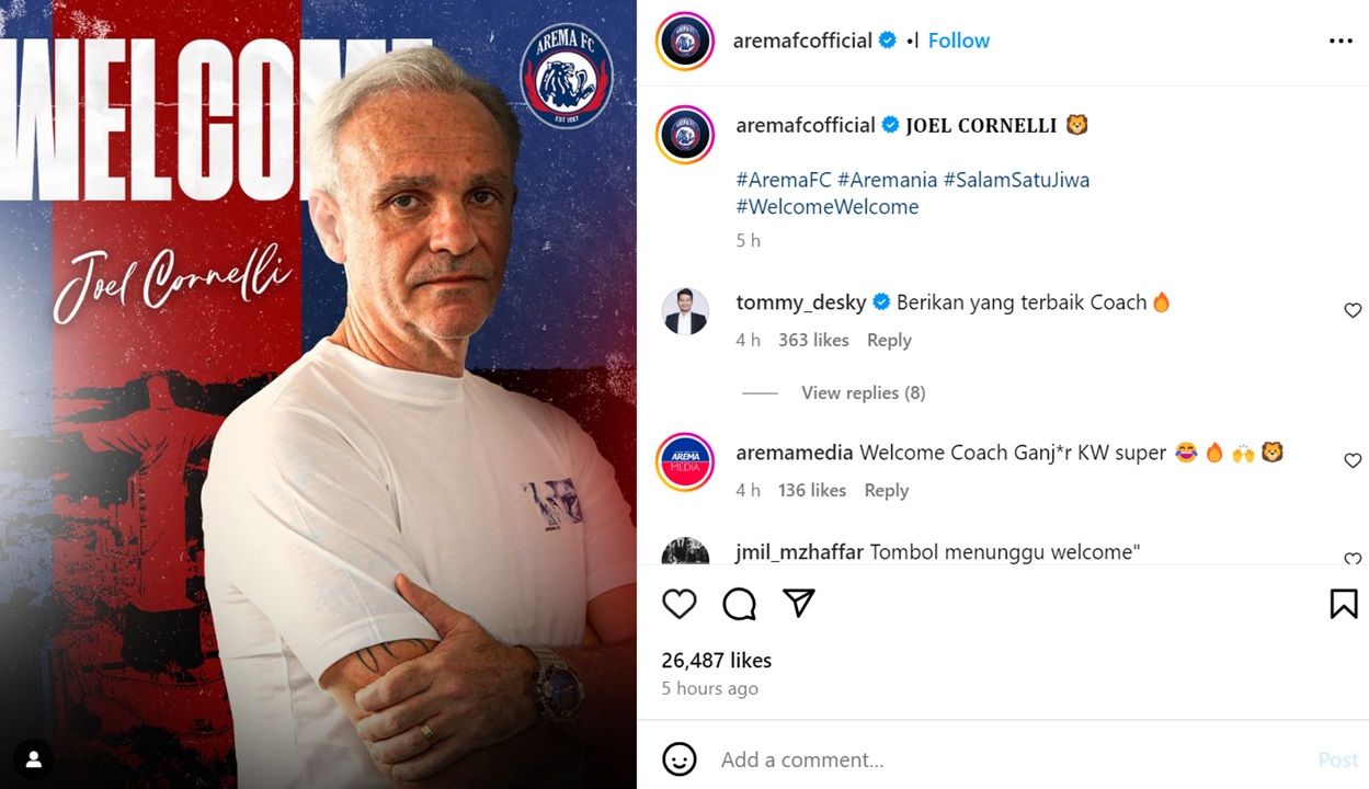 Pelatih baru Arema FC, Joel Cornelli <b>(IG Arema)</b>