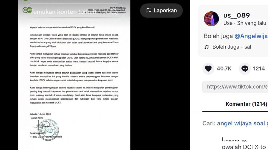 Surat sanki perusahaan ke Angel Wijaya  <b>(TikTok )</b>