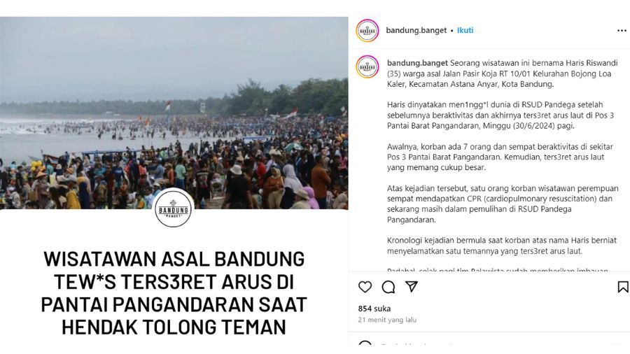 Wisatawan Tewas Terseret Arus di Pantai Pangandaran <b>(Instagram)</b>