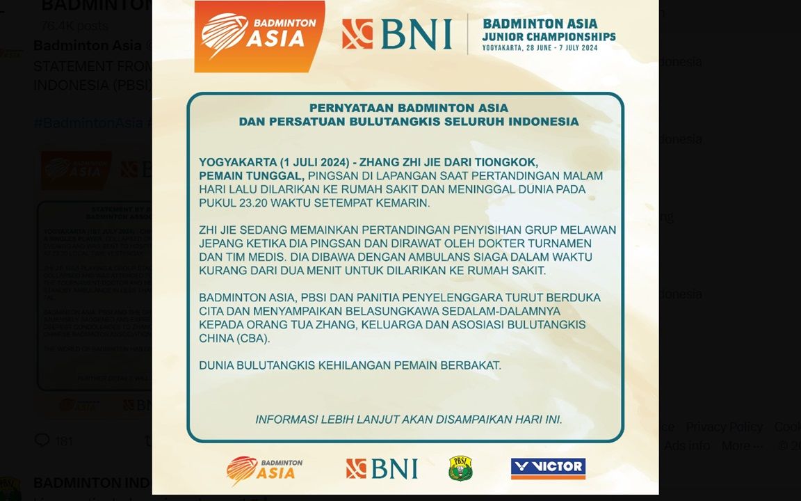 Pernyataan resmi Badminton Asia <b>(PBSI)</b>