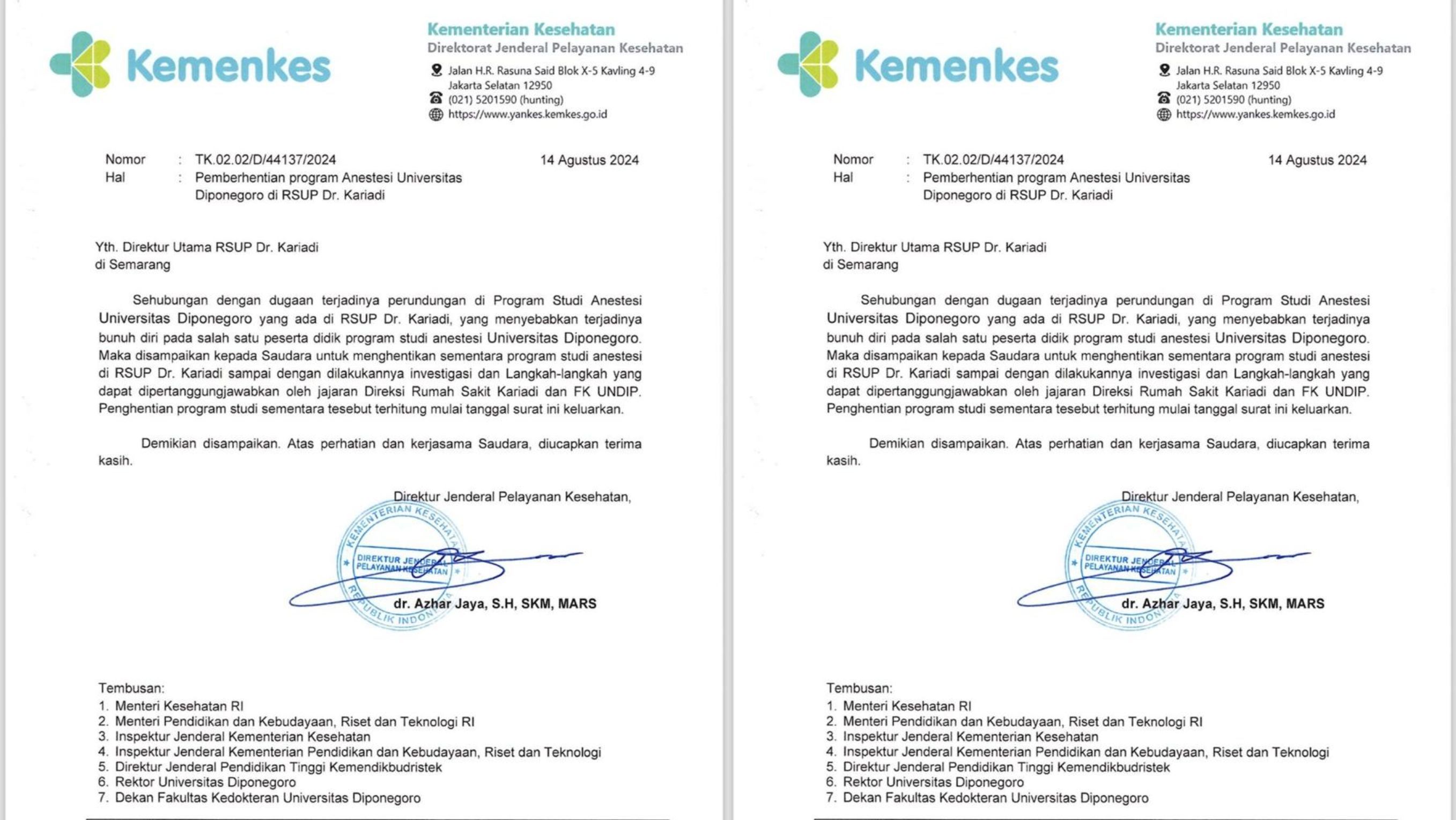 Surat Kemenkes untuk FK Undip dan RS Kariadi <b>(Twitter)</b>