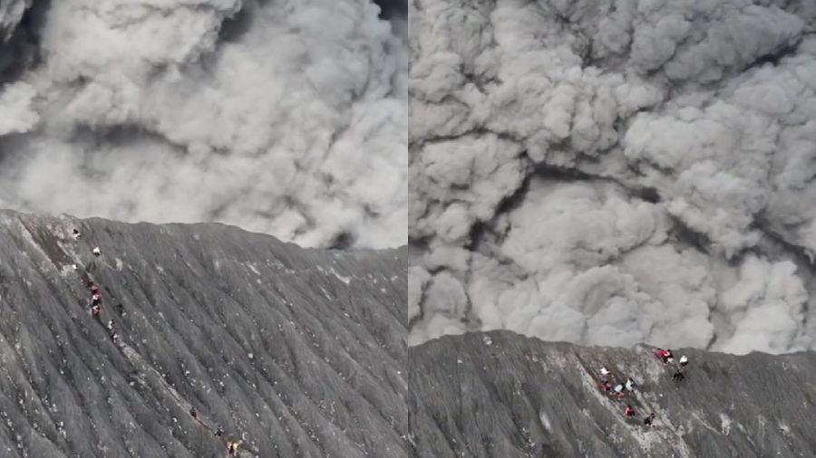 Belasan pendaki Gunung Dukono menyusuri jalur turun saat asap tebal dan abu vulkanik mulai mengepul dari kawah. <b>(Tangkapan layar Tiktok)</b>