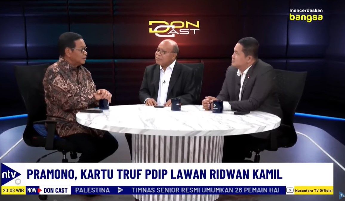 Pramono Anung saat tampil sebagai bintang tamu dalam Program DonCast di Nusantara TV yang dipandu jurnalis senior Don Bosco Selamun dan Donny de Keizer, Kamis, 29 Agustus 2024.