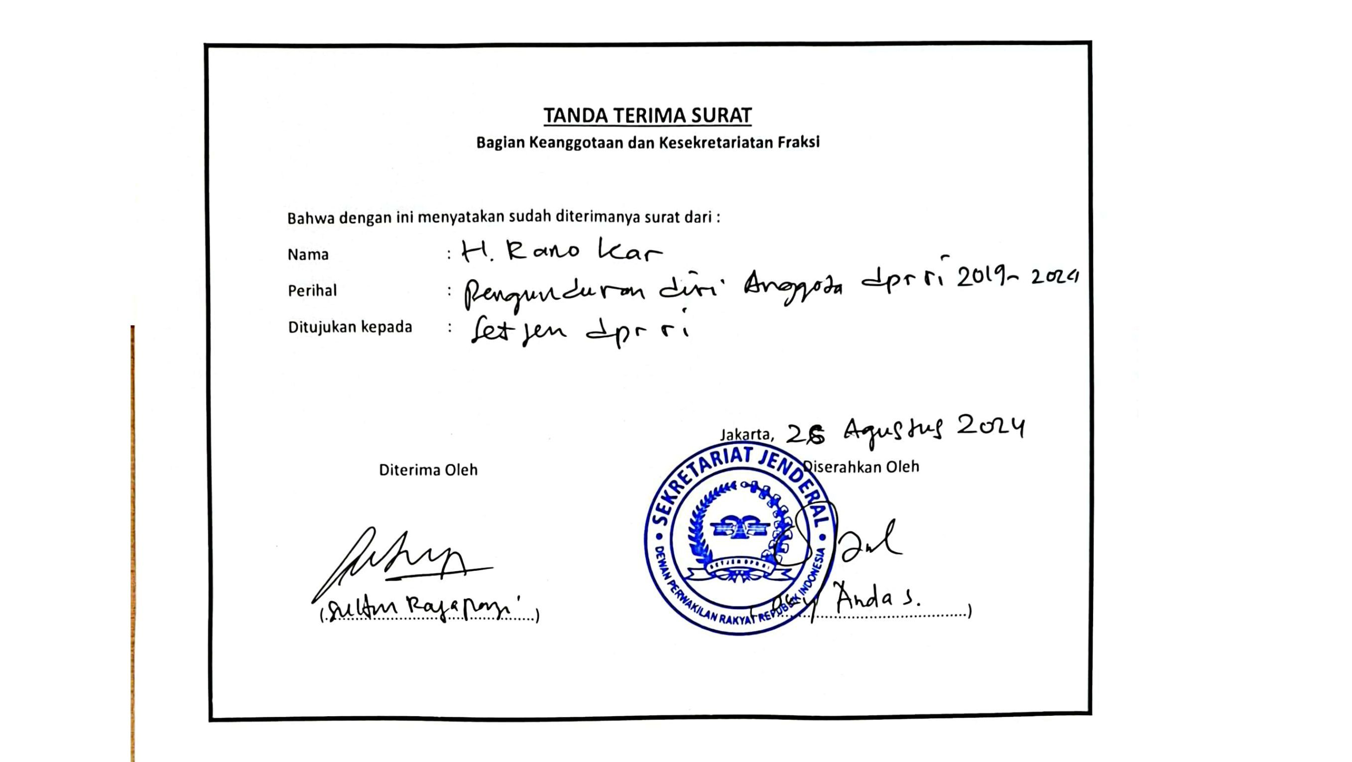 Surat pengunduran diri Rano Karno sebagai Anggota DPR RI. <b>(Dok.Istimewa)</b>