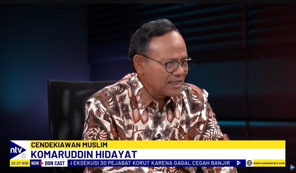 Cendekiawan Muslim Komaruddin Hidayat saat menjadi bintang tamu program DonCast yang dipandu jurnalis senior Nusantara TV, Don Bosco Selamun dan Donny de Keizer, Kamis, 5 September 2024.