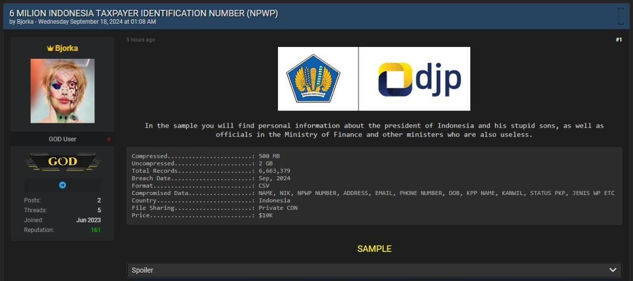 Tangkapan layar kebocoran data Wajib Pajak berupa Nomor Pokok Wajib Pajak (NPWP) dari sejumlah tokoh penting.