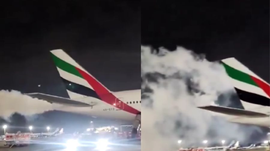 Penerbangan Emirates EK547 dari Chennai (India ) ke Dubai mengeluarkan kepulan asap. <b>(Instagram)</b>