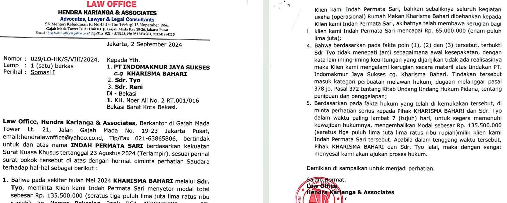 Pihak kuasa Hukum Indah Permatasari melakukan somasi <b>(Dok)</b>