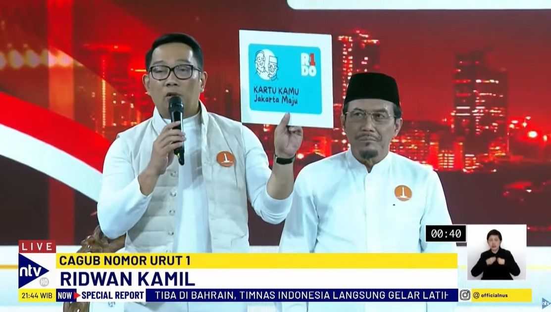 Ketiga paslon Pilkada Jakarta 2024 yakni nomor urut 1 Ridwan Kamil-Suswono, nomor urut 2 Dharma Pongrekun-Kun Wardana, dan nomor urut 3 Pramono Anung-Rano Karno turut serta dalam debat, pada Minggu (6/10/2024) malam, di JIExpo, Kemayoran, Jakarta Pus