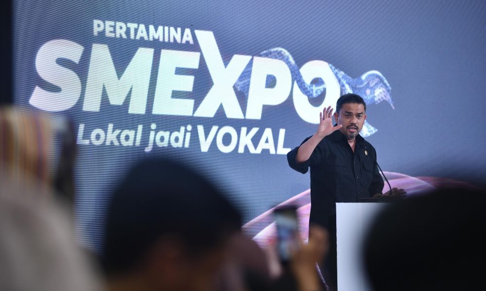 Menteri UMKM Maman Abdurrahman memberikan sambutan pada pameran Pertamina SMEXPO 2024. (Foto: Istimewa/Pertamina)