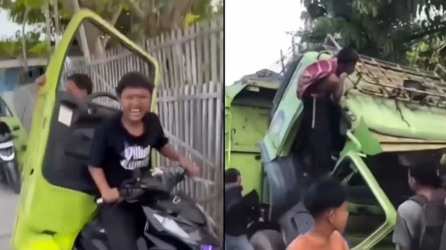 Sejumlah warga melakukan aksi perusakan terhadap truk di Jalan Salembaran, Teluknaga, Kabupaten Tangerang, Banten. <b>(Instagram)</b>