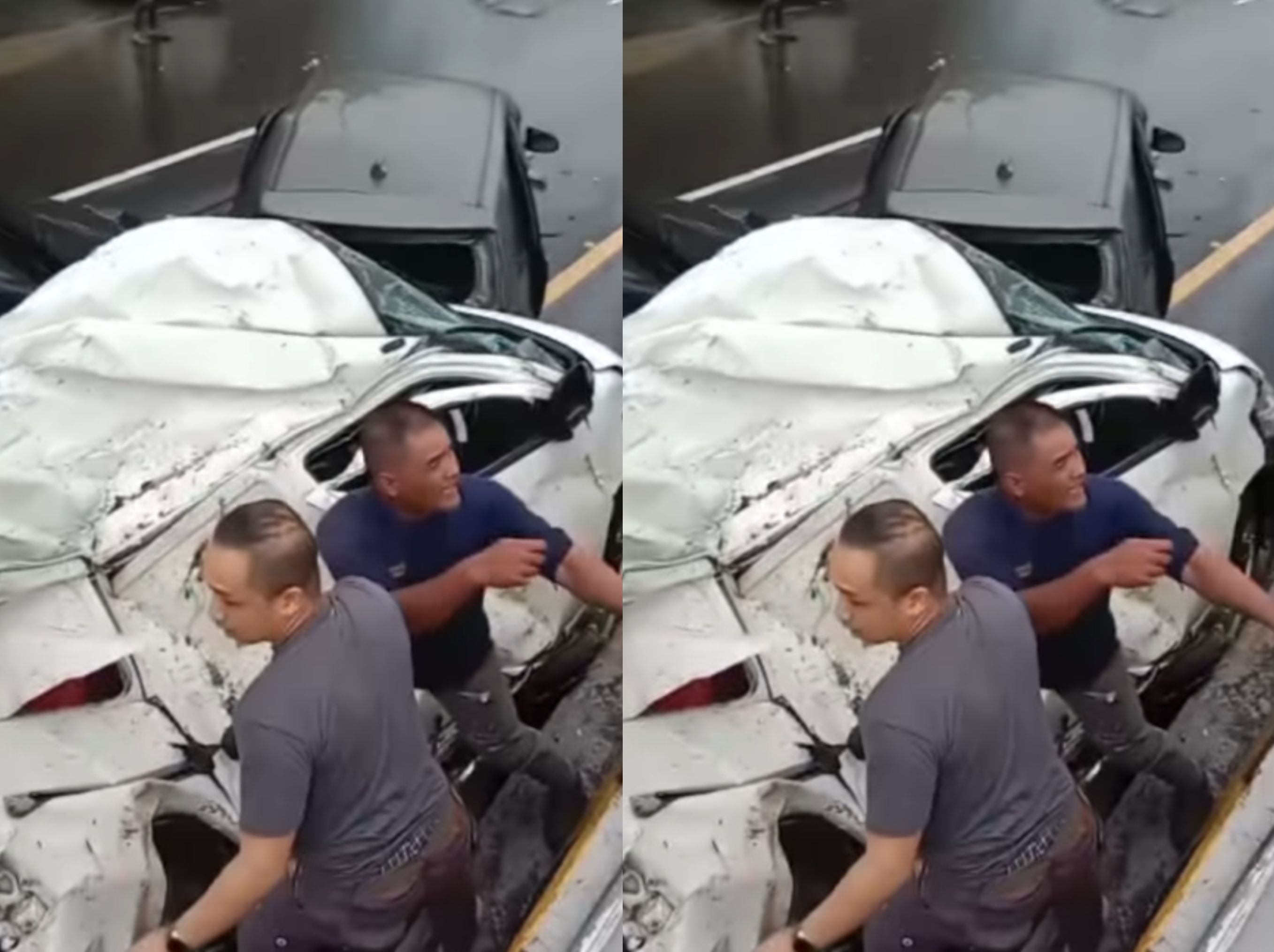 Dua pria selamatkan korban terjepit di dalam mobil kecelakaan tol Cipularang <b>(INSTAGRAM banten raya)</b>