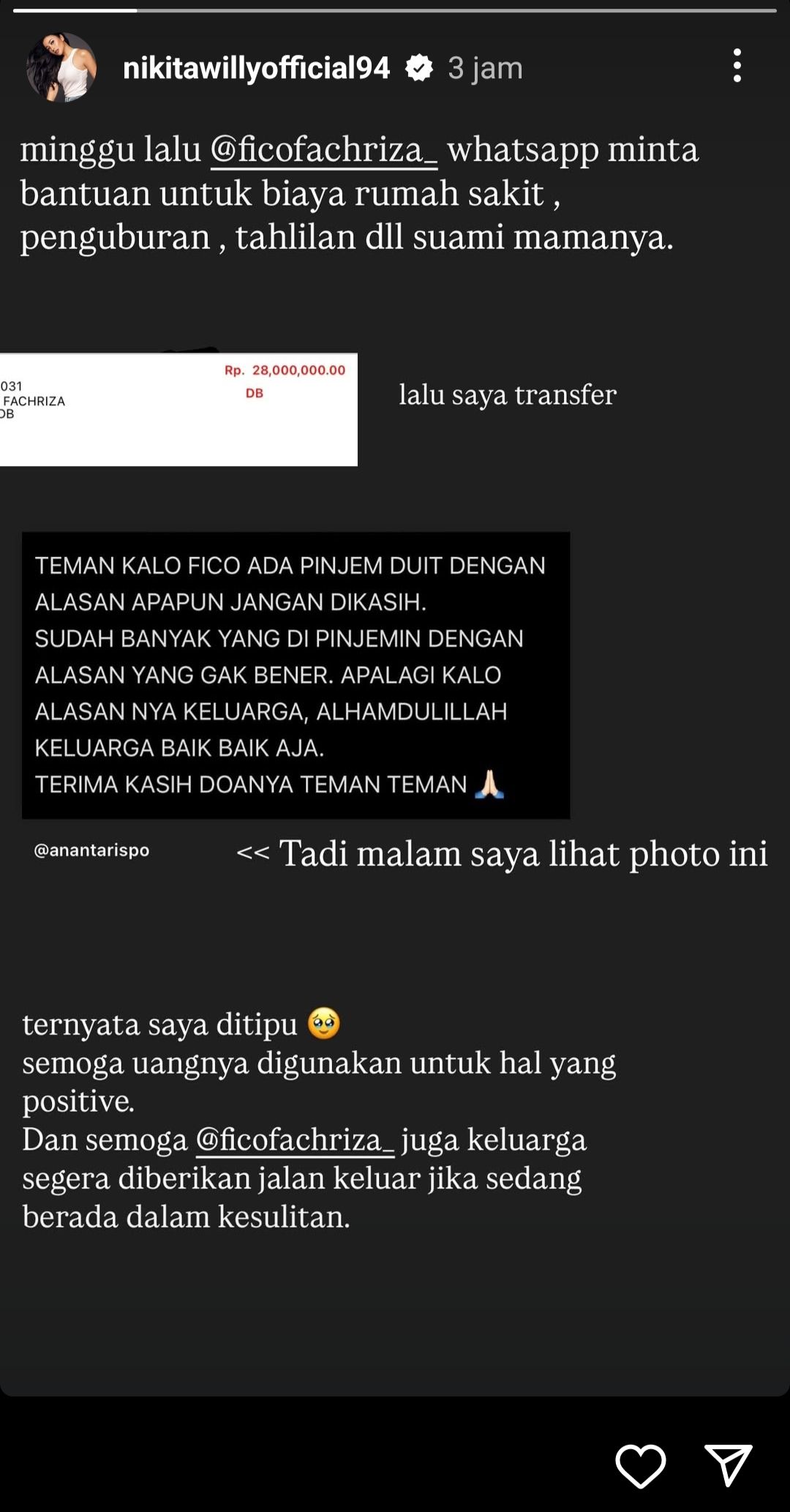 Postingan Nikita Willy ditipu Fico Fachriza  <b>(Instagram Stories)</b>