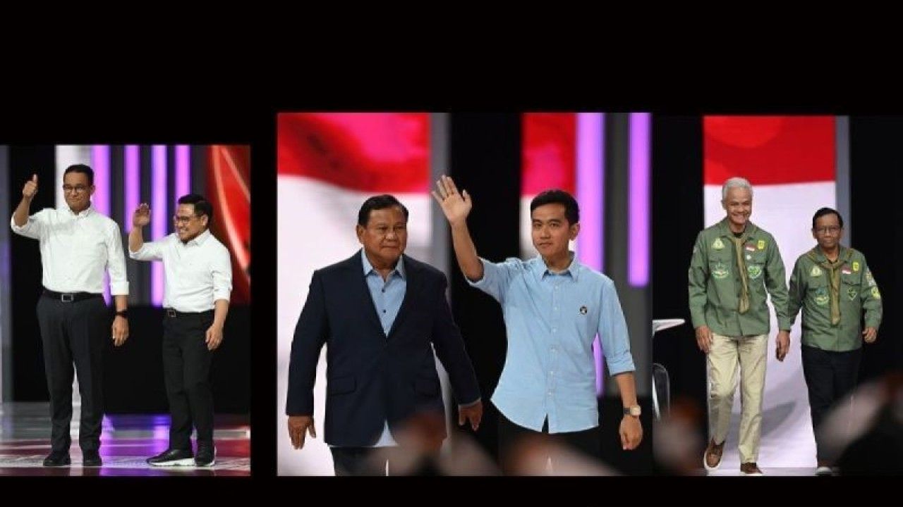 Tiga pasangan Capres dan Cawapres peserta Pilpres 2024 tiba di Balai Sidang JCC Senayan, Jakarta, Minggu (21/1/2024) malam, untuk mengikuti Debat Keempat Cawapres Pemilu 2024 yang diselenggarakan Komisi Pemilihan Umum (KPU) RI.  <b>( ANTARA FOTO//M Risyal Hidayat/tom/pri.)</b>