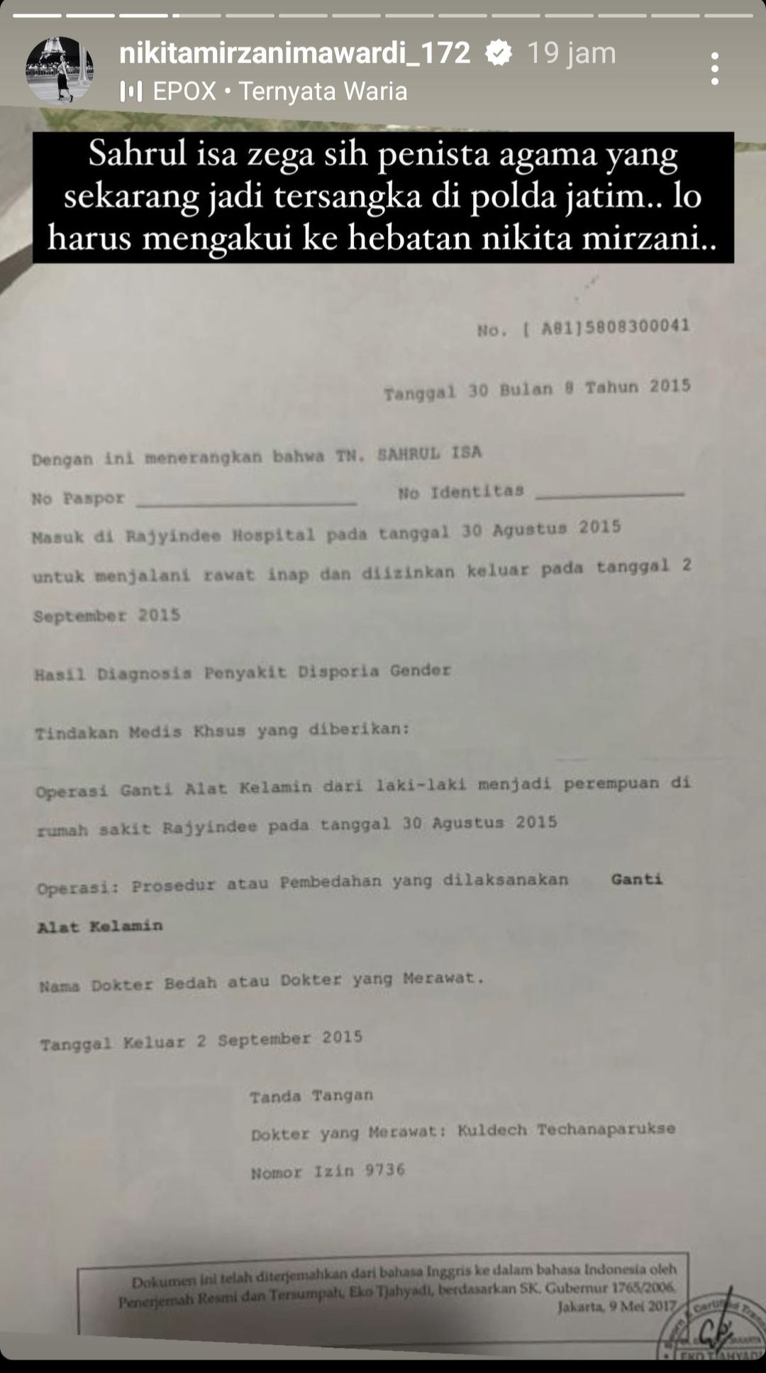 Surat Keterangan Isa Zega Operasi Kelamin <b>(Instagram Nikita Mirzani )</b>