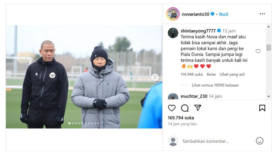 Komentar Shin Tae-yong di unggahan akun Instagram asisten pelatih Timnas Indonesia, Nova Arianto. <b>(Instagram)</b>