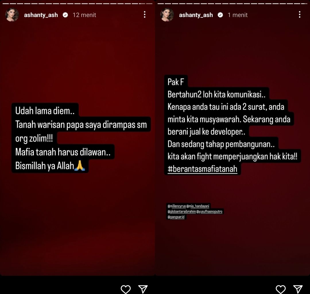 Postingan Ashanty soal warisan dirampas mafia Tanah <b>(Instagram Stories)</b>